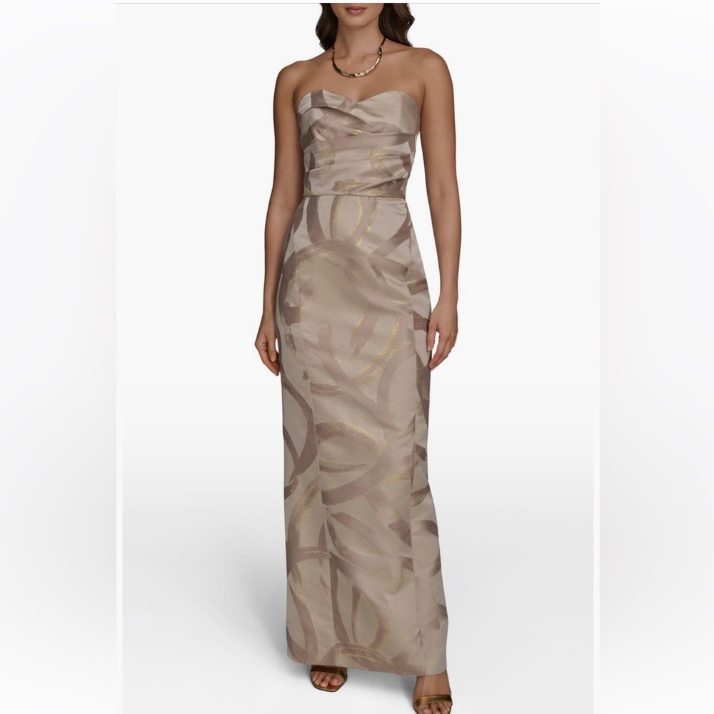 Donna Karan Strapless Pleated Metallic Fiber,jacquard Gown,sz 8,sand/gold,new